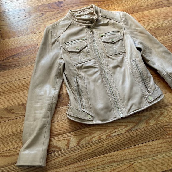 Michael Kors Tan Leather Motorcycle Jacket Size Small - Picture 2 of 15